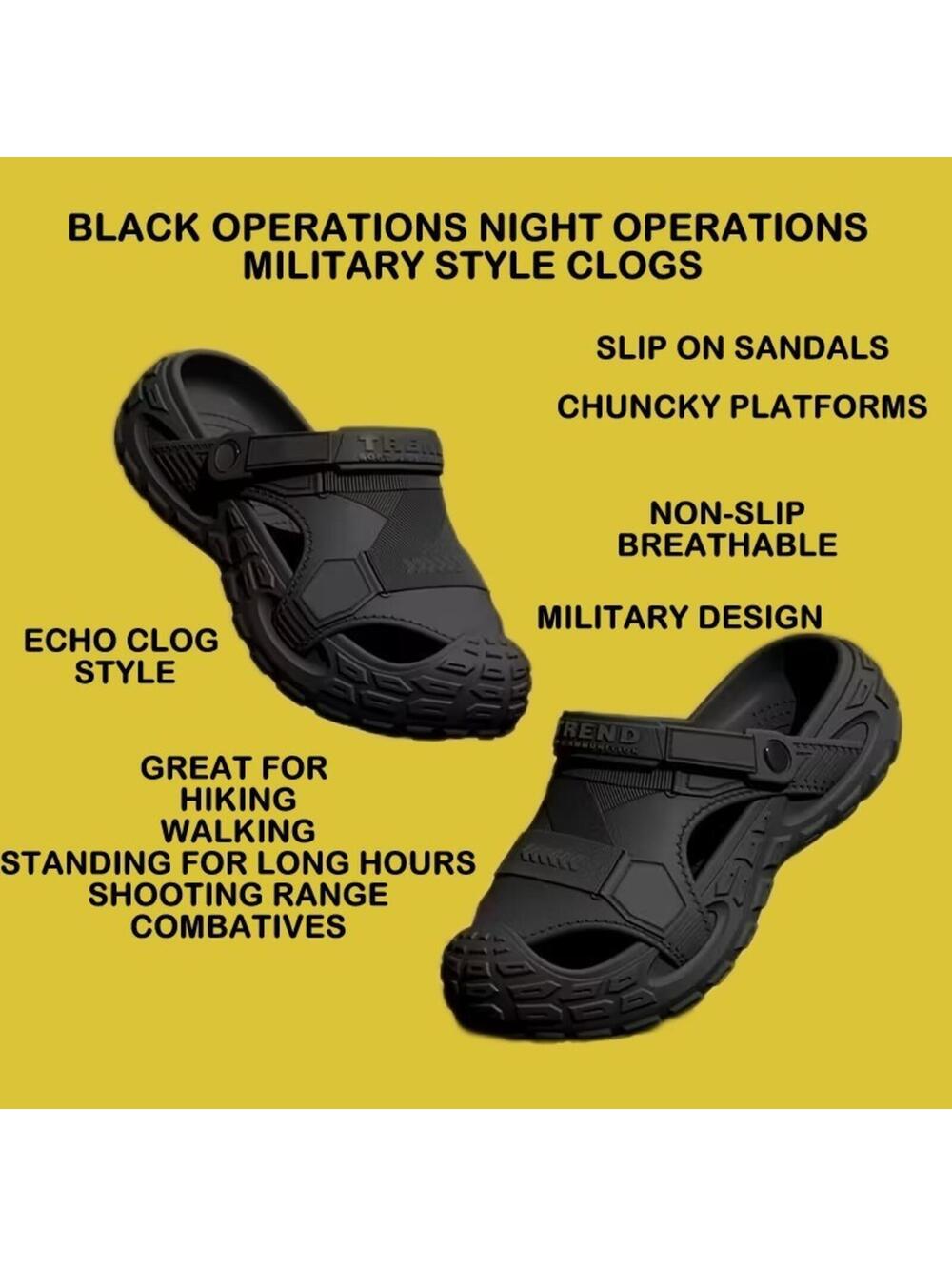 NEW BLACK OPS NIGHT MILITARY STYLE CLOGS SANDALS SLIP ONS ECHO STYLE SIZE 7-8